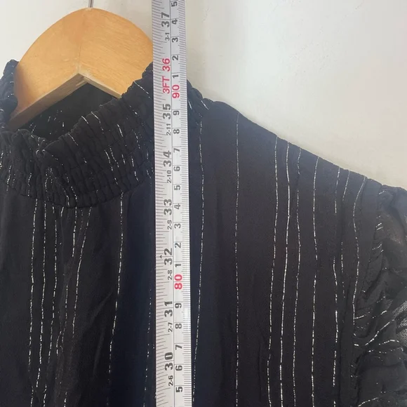 Elan Black Metallic Stripe Ruffle Mini Dress Smocked Waist Size M - Picture 7 of 8